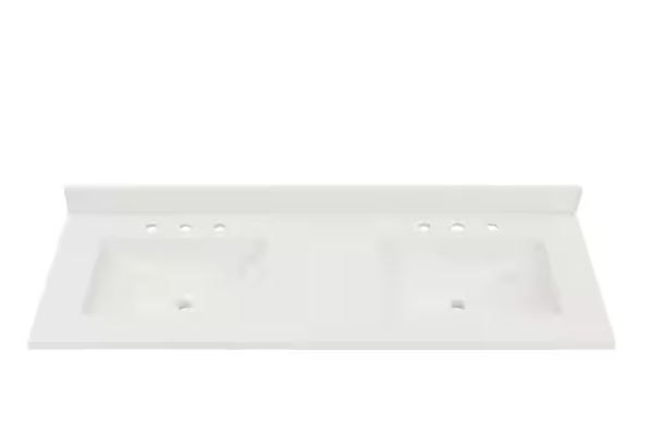 Photo 1 of 61 in. W x 22 in. D Cultured Marble White Rectangular Double Sink Vanity Top in White
