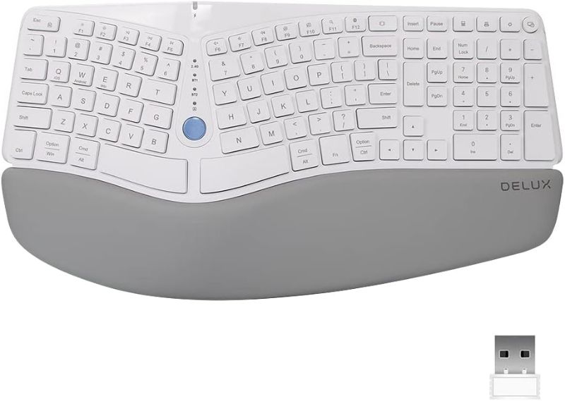 Photo 1 of Wireless Ergonomic Split Keyboard with Cushioned Palm Rest Against Carpal Tunnel, DELUX [Standard Ergo] Keyboard Series, Multi-Device Connection, Compatible with Windows, Mac OS (GM901D-White)