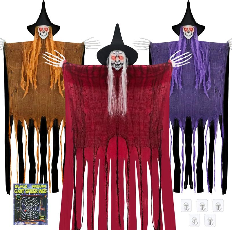 Photo 1 of 1pcs 62''+2pcs 48'' Halloween Hanging Decorations Halloween Witch with Creepy Voice and Glowing Eyes Grim Reaper with Glowing Eyes for Halloween Party Haunted House Prop Décor Halloween Outdoor Indoor