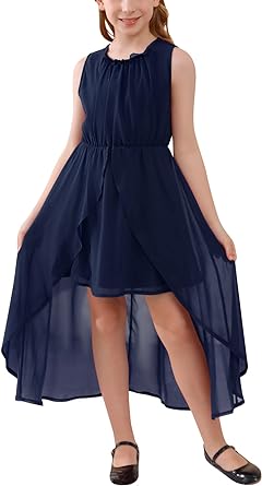 Photo 1 of GORLYA Girls Sleeveless Ruffle Neck Hi-Lo Hem Overlay Formal Occasin Chiffon Long Party Dress 4-14T