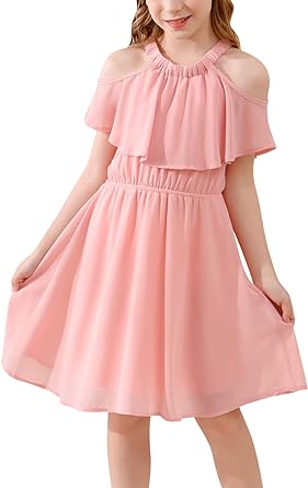 Photo 1 of GORLYA Girls Halter Neck Summer Boho Overlay Cape Sleeve Casual Flowy Chiffon Midi Dress for 4-14T