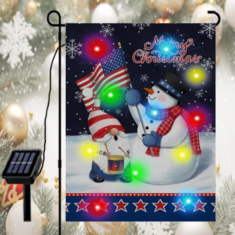 Photo 1 of ???? ??? Lighted Christmas Garden Flag Outside Decor, Snowman Christmas Flag with Solar LED Lights, Winter Decorative Yard Flags for Outside, 12x18 Double Sided for House Christmas Decorations C-Snowman