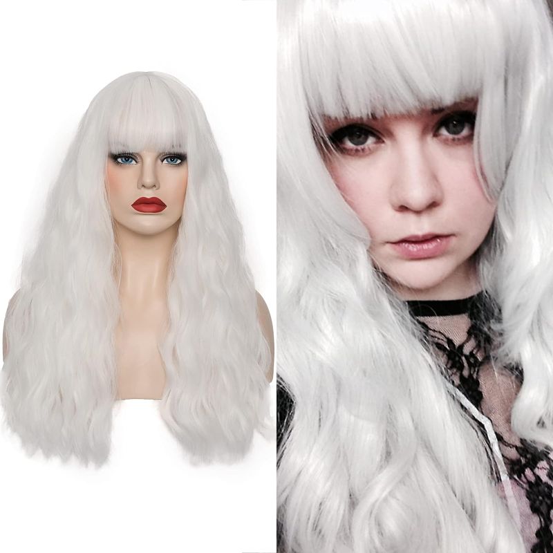Photo 1 of WGPFWIG Women's White Wig 22''Long Curly Wavy Wig Shoulder Length Flat Bangs Wig For Women Girl Cosplay Party Halloween Wig Cap Included (22''White)