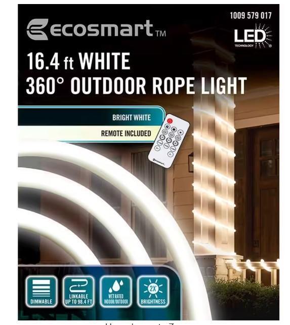 Photo 1 of EcoSmart 16.4 ft. Plug-In Bright White LED 360° Outdoor Dimmable Linkable Rope
