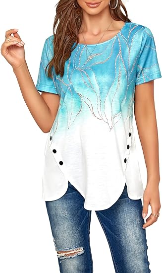 Photo 1 of Damorong Womens Summer Casual Short/Long Sleeve Shirts Tunic Tops Gradient Floral Round Neck Button Side Top Blouses M 