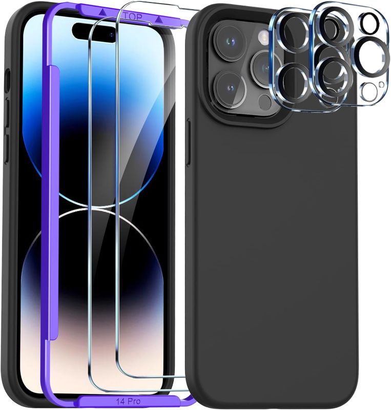 Photo 1 of TIQPOUA Liquid Silicone Case for Apple iPhone 14 Pro Accessories Shockproof Slim Soft Phone Case Suitable Magsafe, with 2 Pack Tempered Glass Screen Protector 2 Pack Camera Lens Cover, Black
