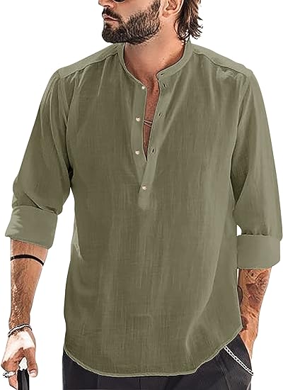 Photo 1 of Hestenve Mens Linen Henley Shirt Casual Long Sleeve T-Shirt Summer Beach Plain Tee Tops XL
