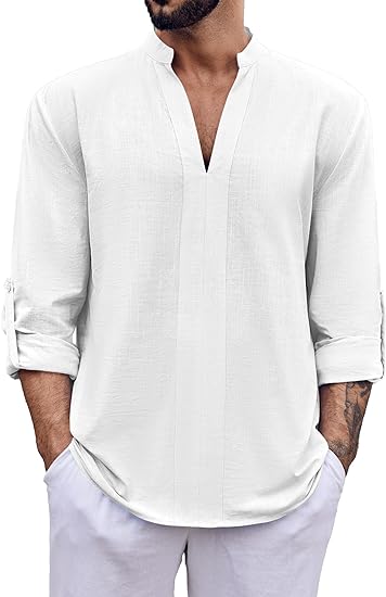 Photo 1 of LARGE Ryannology Mens Casual Long Sleeve T Shirts V Neck Henley Summer Cotton Linen Lapel Regular Fit Work Business Fishing Tops
