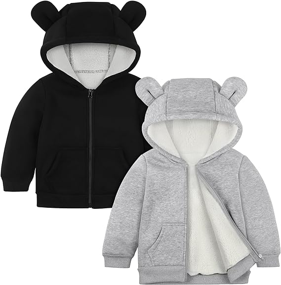 Photo 1 of Cooraby 2 Pack Unisex Baby Toddler Hooded Sweater Jacket with Sherpa Lining Zip Up Ears Coat Warm Winter Outwear for Boy Girl 24 MONTHS 
