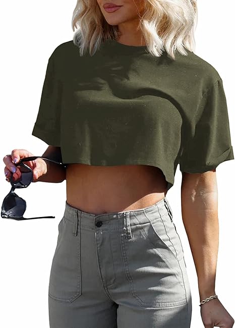 Photo 1 of Hongqizo Womens Summer Short Sleeve Workout Loose Cropped T Shirt Athletic Casual Tops Round Neck Soild Basic Tees
XL