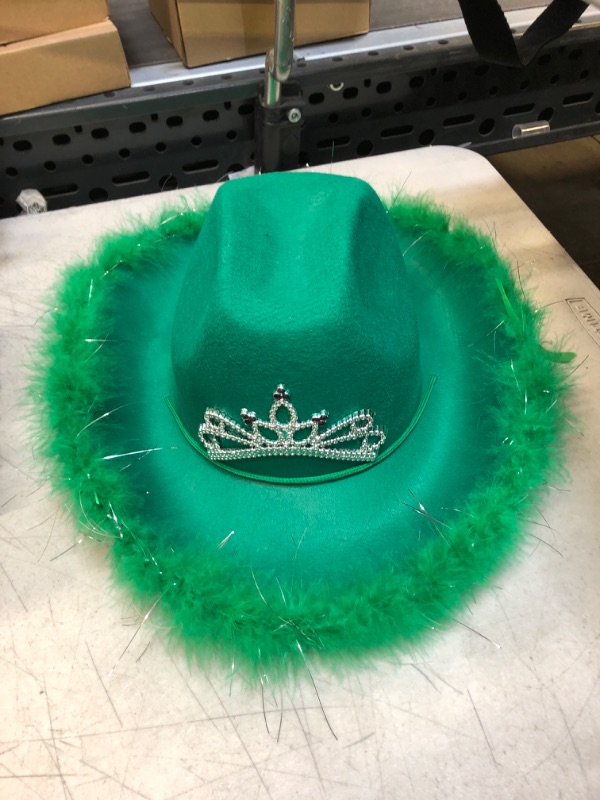 Photo 2 of Cowgirl Hat with Feather Trim - Blinking Tiara Cowboy Hats for Women - Felt Hats for Women for Cowboy Party, Cowgirl Party (Green)