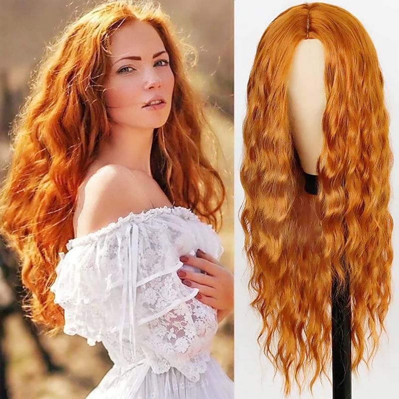 Photo 1 of DERJLY Orange Wig for Women, Orange Wig Length 26" Natural Waves Everyday Hair Synthetic Lace Wig Mid Section Ideal for Everyday Use, Cosplay and Themed Parties (Orange)
