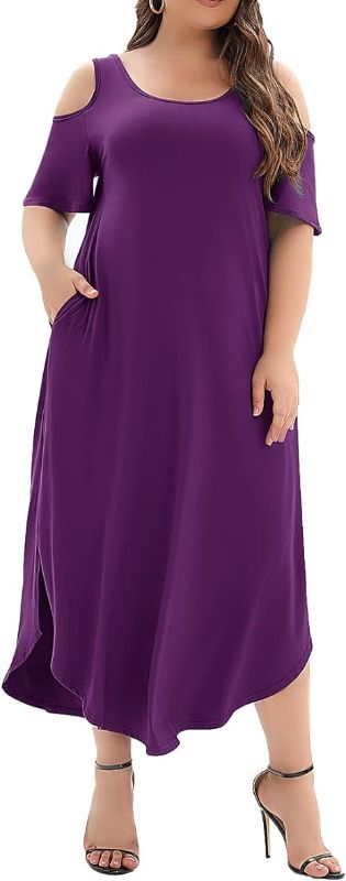 Photo 1 of Agmibrelr Women's Plus Size Casual Loose Short Sleeve Long Dress Cold Shoulder Split Maxi Summer Dresses with Pockets ( SIZE: 16 ) 
