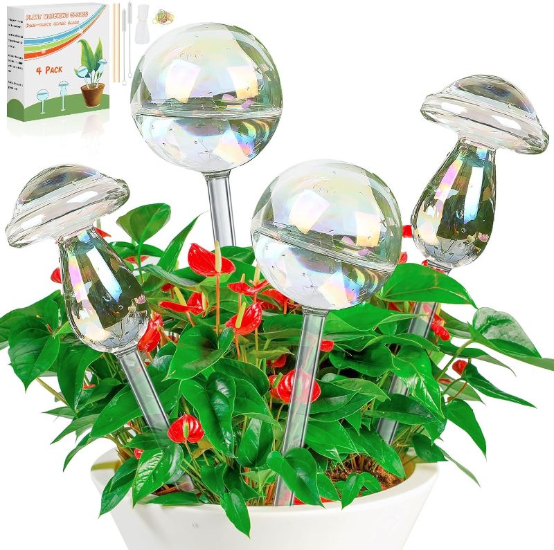 Photo 1 of 4 Pcs Plant Watering Globes, 9 Inch Glass Iridescent Self Watering Planter Insert, Rainbow Gradient Color Clear Mushroom & Globe Watering Device, Watering Accessories Gift for Indoor Outdoor Plant Pot
