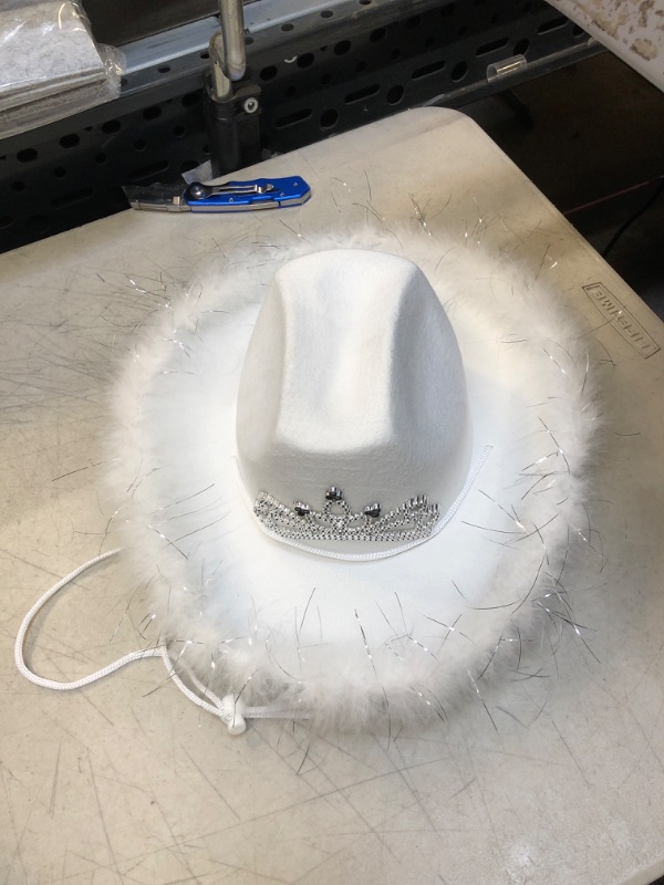 Photo 2 of Cowgirl Hat with Feather Trim - Blinking Tiara Cowboy Hats for Women - Felt Hats for Women for Cowboy Party, Cowgirl Party (White)