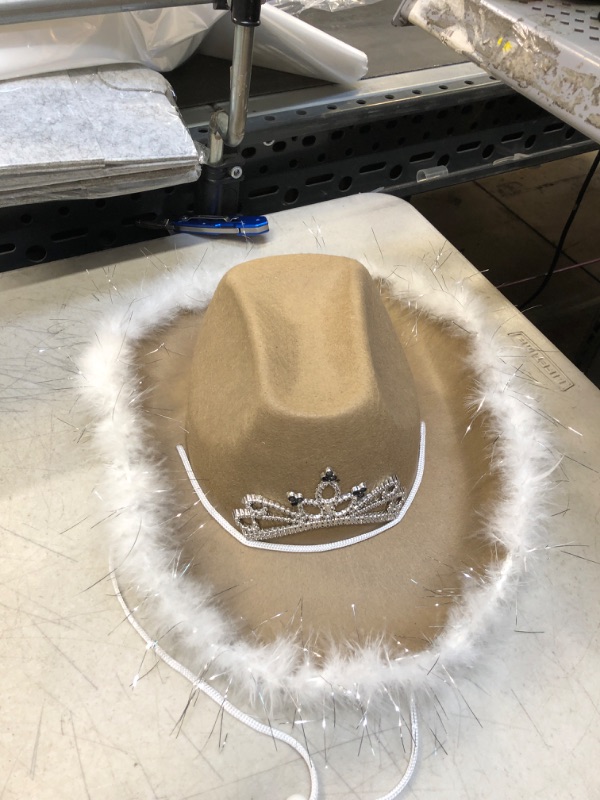 Photo 1 of Cowgirl Hat With Feather Trim - Blinking Tiara Cowboy Hats For Women - Felt Hats For Women For Cowboy Party, Cowgirl Party (Beige)