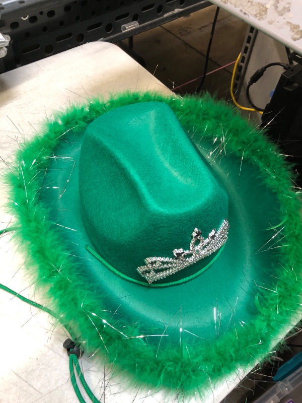 Photo 2 of Cowgirl Hat with Feather Trim - Blinking Tiara Cowboy Hats for Women - Felt Hats for Women for Cowboy Party, Cowgirl Party (Green)