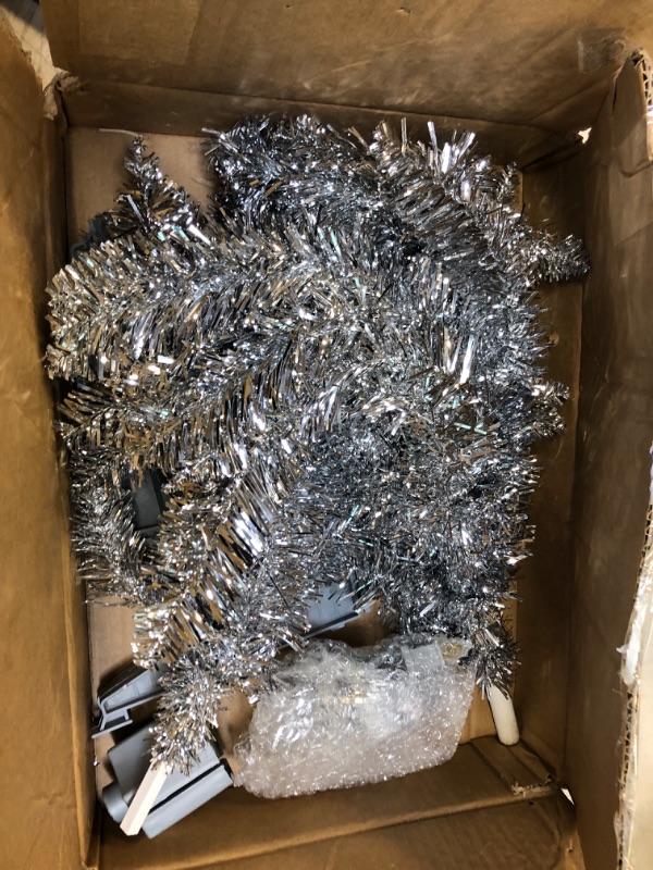 Photo 2 of 4ft Lighted Artificial Silvery Christmas Tree, Not Pre-lit Silvery Tinsel Pine Trees with Lights, Ideal for Ideal for Home, Office, and Xmas Party Décor - Includes Stand Sliver