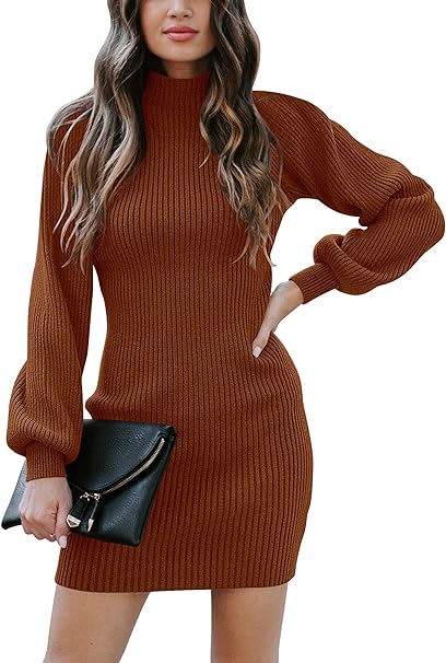 Photo 1 of Caracilia Women Turtleneck Long Sleeve Knit Pullover Sweater Bodycon Mini Dress Apricot Small