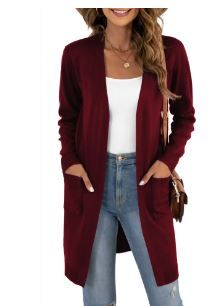 Photo 1 of  Open Front Long Sleeve Classic Knit Cardigan Sweater with Pockets
BURGUNDY /RED 
SIZE -UNKNOWN 
SIZE  APPEARS TO BE -MEDIUM LARGE 
STRETCH MATERIAL 