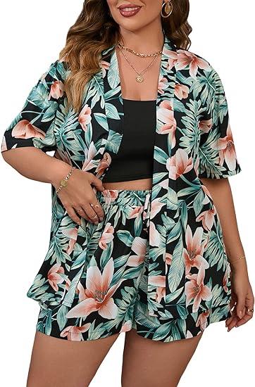 Photo 1 of Floerns Women's Plus Size 2 Piece Outfit Tropical Print Kimono Top and Shorts Set
-XXLARGE 