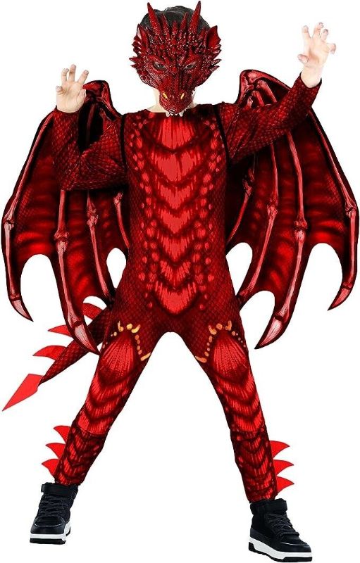 Photo 1 of Deluxe Boys Red Dragon Costume with Wings Mask Kids Halloween Suit 4 - 14 Yrs
