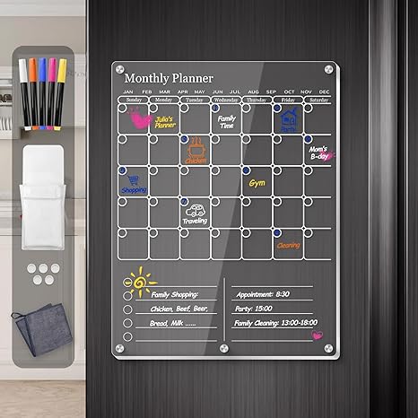 Photo 1 of Acrylic Magnetic Fridge Calendar 2024, Clear Dry Erase Board Calendars for Refrigerator, 2 in1 Monthly Calendar to Do List Board, Calendar WhiteBoard Kitchen Menu Planner Board with Markers (White)
