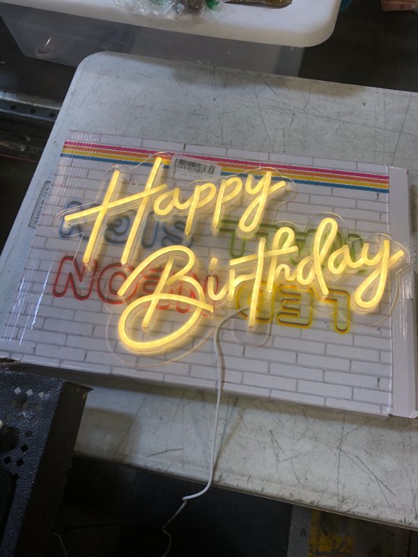 Photo 2 of Happy Birthday Neon Sign for Wall Decor, Warm White Led Neon Light Signs, Art Decoration Happy Birthday Neon Light Sign for All Birthday Party Decoration