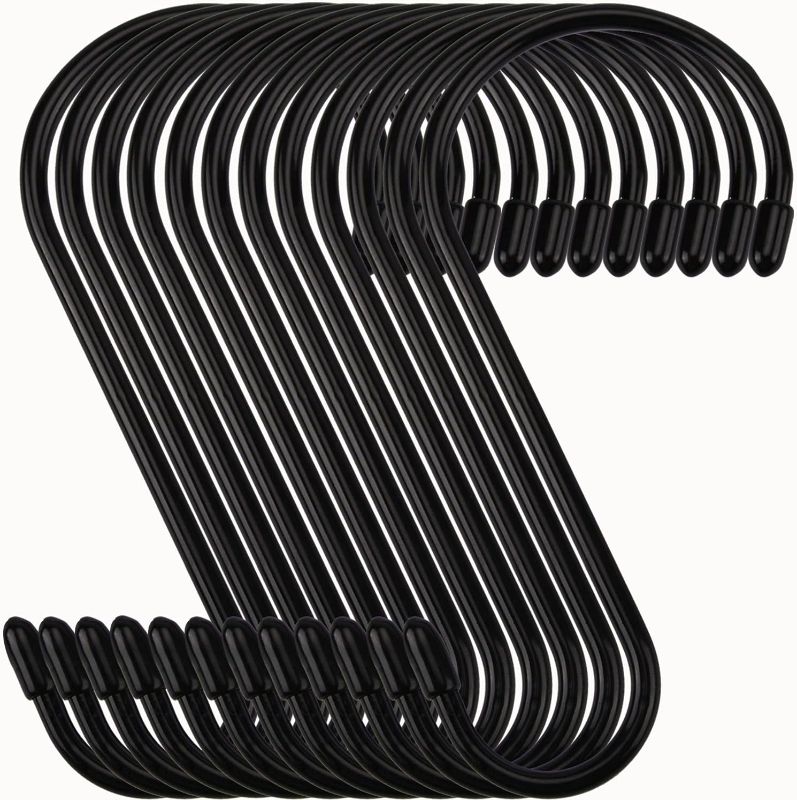 Photo 1 of 12 Pack 6 Inch S Hook, Large Vinyl Coated S Hooks with Rubber Stopper Non Slip Heavy Duty S Hook, Steel Iron Black Rubber Coated Closet S Hooks for Hanging Necklace Jeans Plants Jewelry Pot Pan Cups
