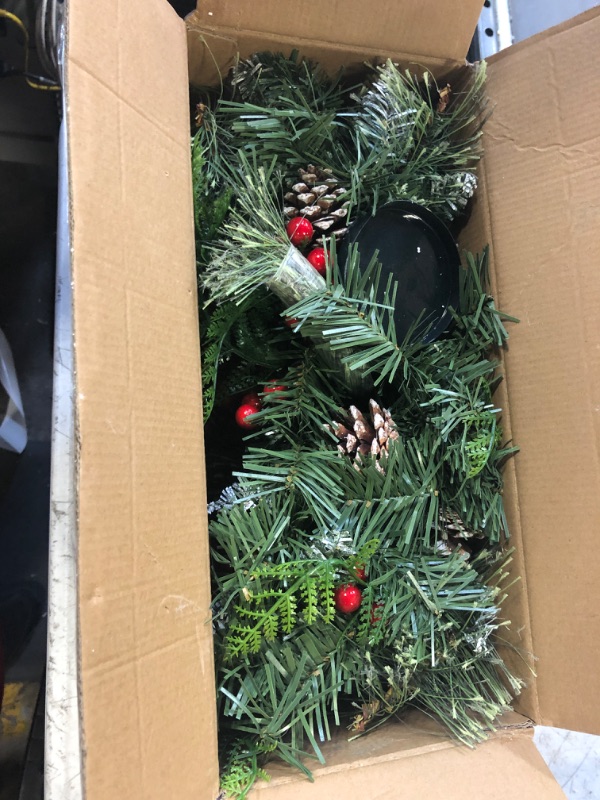 Photo 2 of 2023 Christmas Candle Holder, 30" Abundant Table Centerpiece w/ 3 Candle Trays, Artificial Decor w/ 68 Pine Needles, 8 Cones, 10 Strings of Red Cherry & Snowy Leaves