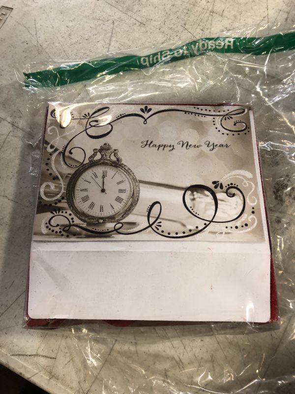 Photo 2 of Designer greetings Boxed New Year Cards, Happy New Year Vintage Pocket Watch Design (Box of 18 Cards with White Envelopes)