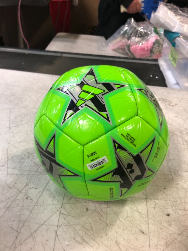 Photo 2 of adidas UEFA Champions League 23/24 Club Ball Construction, Official Match Ball Graphics, UEFA Champions League Crest, Requires Inflation, Size 3-5, Multiple Colors 5 Solar Green/Black/Silver Metallic