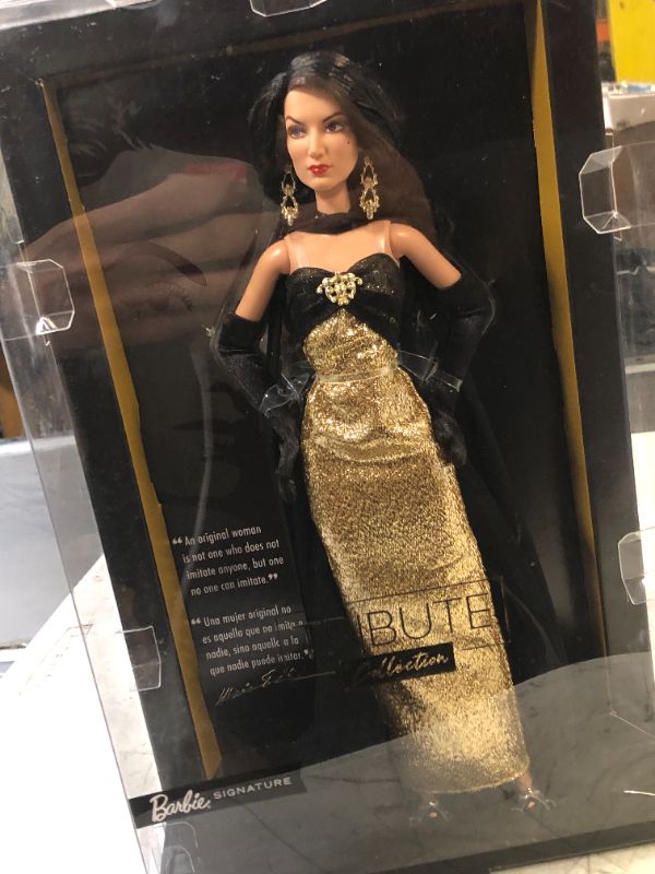 Photo 2 of Barbie Collector Signature Doll, María Félix Wearing Elegant, Glimmering Gold and Black Gown with Ornate Jewelry, Barbie Tribute Collection