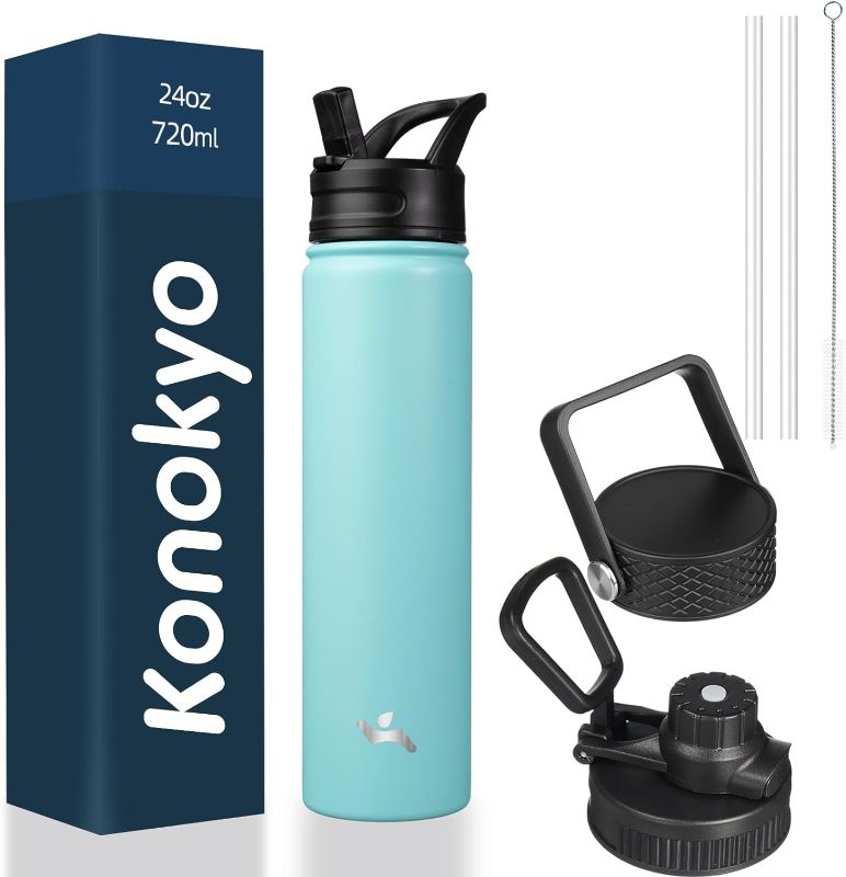 Photo 1 of Konokyo Insulated Water Bottle with Straw,24oz 3 Lids Metal Bottles Stainless Steel Water Flask,Turquoise