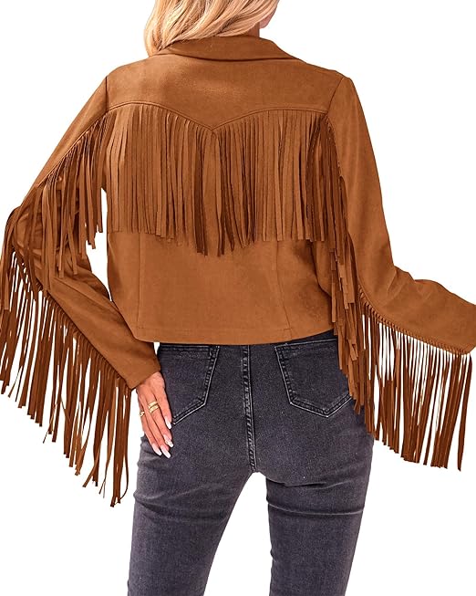 Photo 1 of BTFBM Women Fashion Cropped Tassel Fringe Faux Suede Leather Jacket Fall Winter Long Sleeve Lapel Neck Moto Coat Outwear SIZE L
