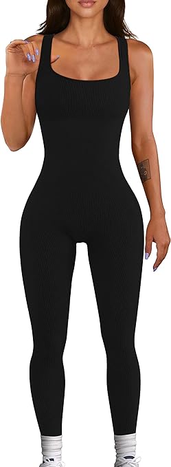 Photo 1 of Women Yoga Rompers Sleeveless Workout Ribbed Square Neck Long Sport Tank Bodycon Jumpsuits