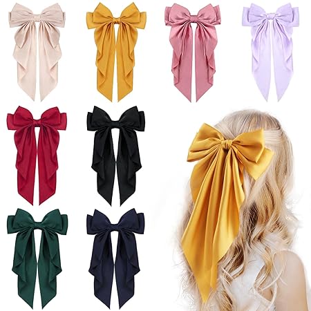 Photo 1 of 8Pcs Big Satin Layered Hair Bows for Women Girls 8 Inch Barrette Hair Clip Long Black Ribbon Bows French Style Hair Accessories (Big bow style)
