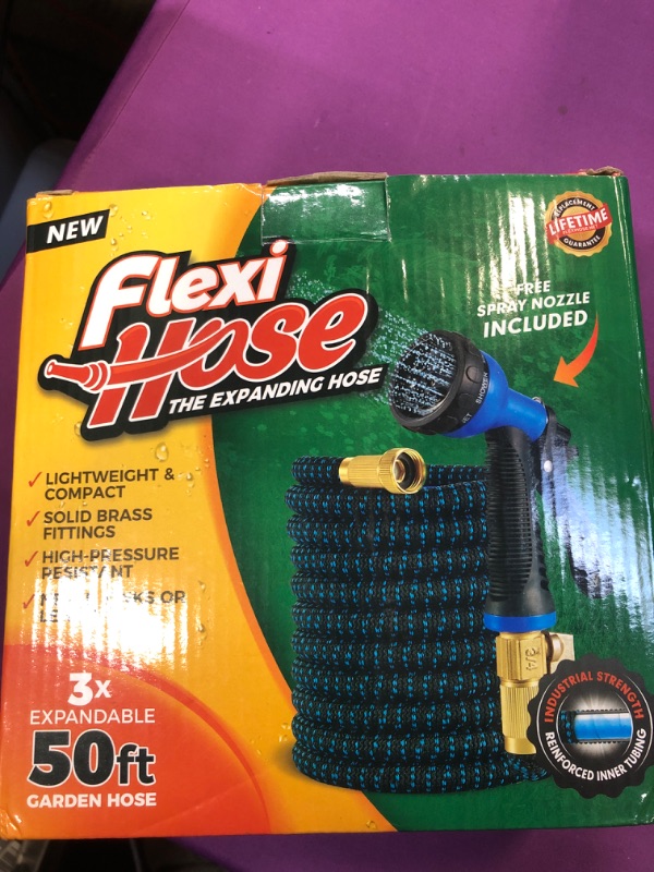 Photo 2 of Flexi Hose with 8 Function Nozzle Expandable Garden Hose, Lightweight & No-Kink Flexible Garden Hose, 3/4 inch Solid Brass Fittings and Double Latex Core, 50 ft Blue Black 50 FT Blue & Black