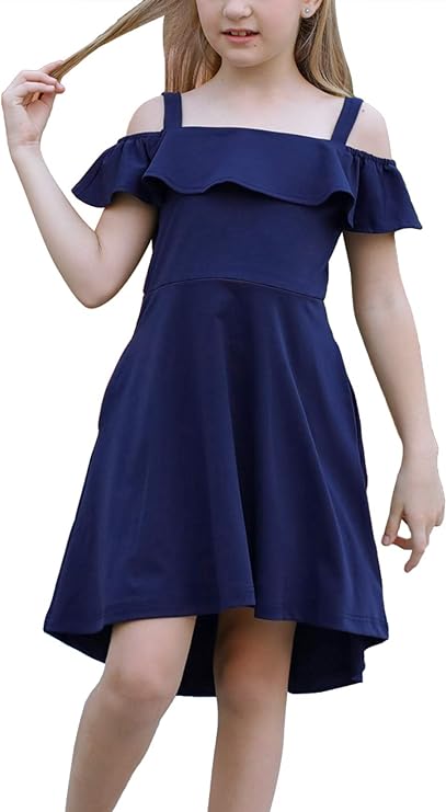 Photo 1 of GORLYA Girl's Cold Shoulder Flounce Trim Elegant Casual Formal Dress with Pockets for 8 YRS 
