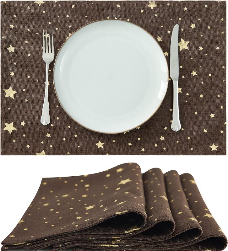 Photo 1 of JINCHAN Cloth Placemats Set of 4 Faux Linen Placemats Gold Star Foil Print Fabric Table Mats Easter Mother's Day Holiday Farmhouse Burlap for Dining Table Heat Resistant Tablemats 13x19 Inch Brown

