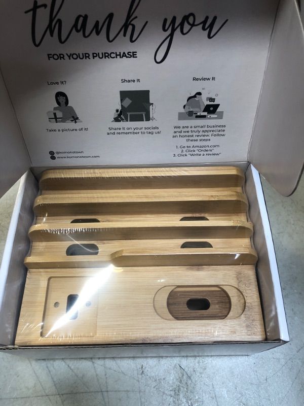 Photo 2 of komonotown Natural Bamboo Charging Station for Multiple Devices, Docking Station Organizer for iPhone, Smart Watch, Tablet, Airpod - for Bedside, Desk (No USB Hub)