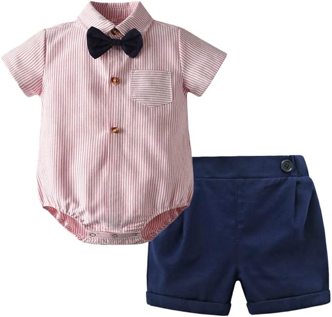 Photo 1 of Geruien Newborn Baby Boys Clothes Set Short Sleeve Striped Bowtie Shirt Romper +Shorts Infant Toddler Onesies Formal Outfits
