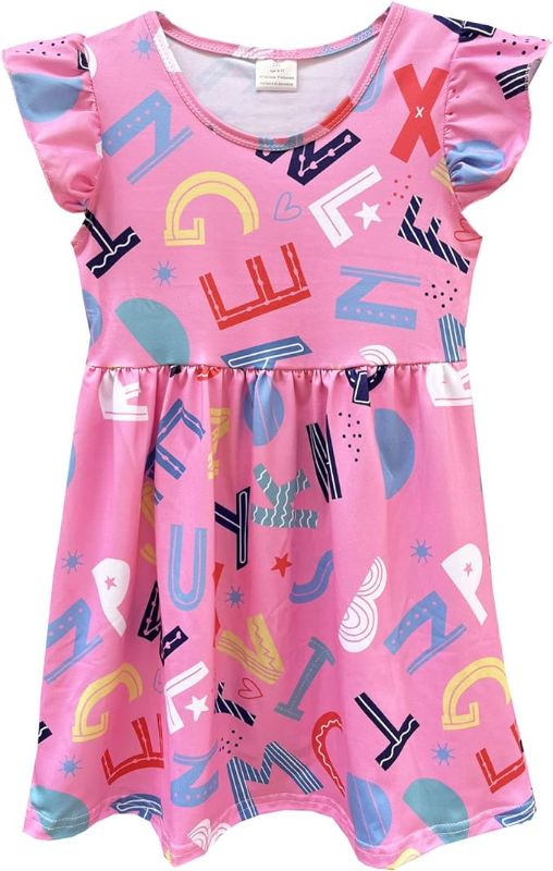 Photo 1 of AQHOFSV Girls Flutter Sleeve Back to School Fun Supplies Print Dresses Children Summer Clothes Milksilk 3-7 Years
