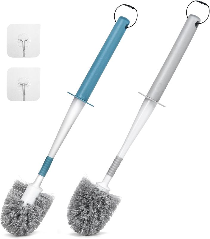 Photo 1 of 2 Pack Toilet Bowl Brush Long Handle Wall Mounted Toilet Brush for Bathroom with Easy Handy Flexible Bristles Curved for Deep Cleaning Toilet Scrub Brush The Rim Household Cleaning Brush (Blue/Grey)
