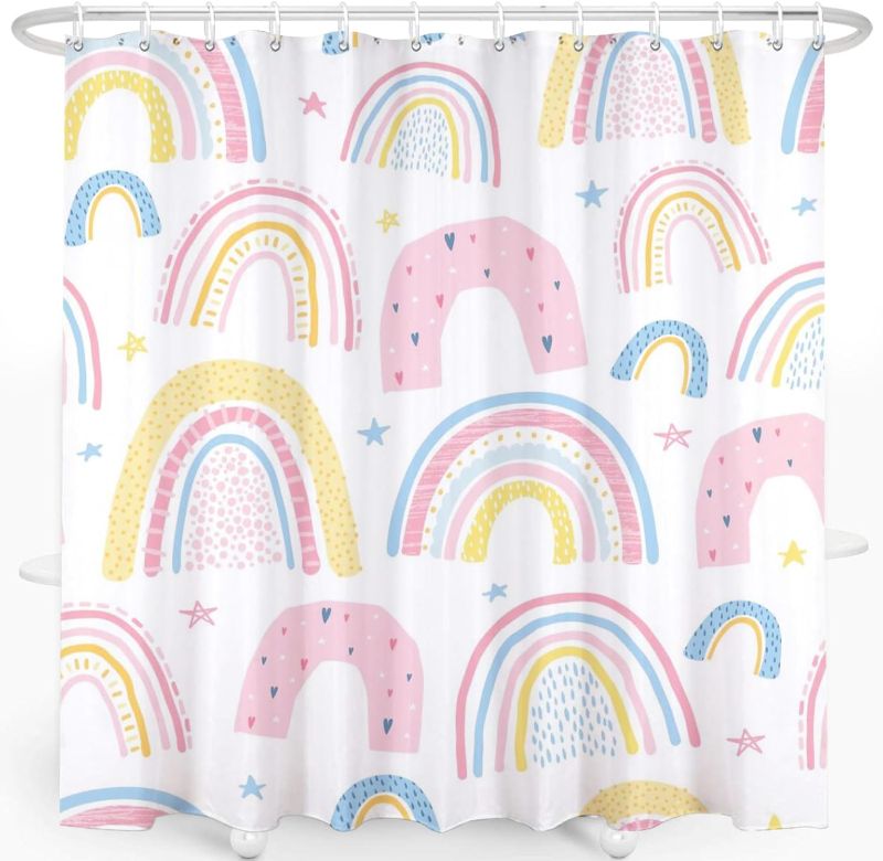 Photo 1 of SRINKOC Rainbow Shower Curtain, Washable Kids Shower Curtain, Cute Shower Curtain Waterproof Polyester Fabric Shower Curtain Set with 12 Hooks Bathroom Decor, 72x72 Inches (04)
