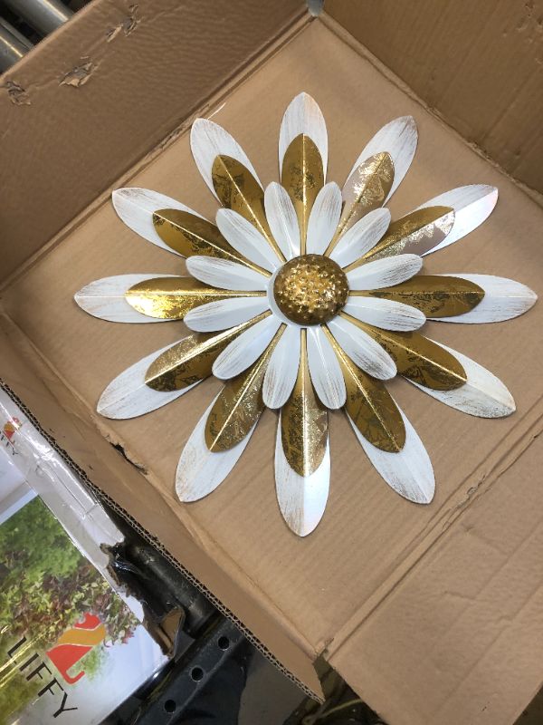 Photo 1 of LIFFY 20 inches Metal Flower Wall Decor Outdoor Home Multiple Layer Flower Metal Wall Art Indoor Kitchen Room Large Flower Decorative Ornaments Gift for Porch,Backyard,Patio Gold & White