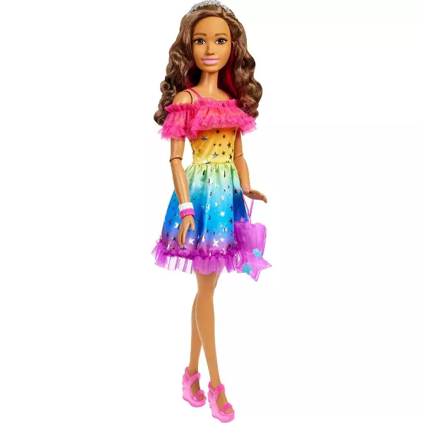 Photo 1 of Barbie 28" Large Doll with Brown Hair and Rainbow Dress
