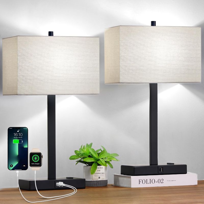 Photo 1 of 21" Set of 2 Touch Control Table Lamps with 2 USB & AC Outlets, 3-Way Dimmable Modern Nightstand Lamps for Bedroom Living Room Office Reading, White Shade Bedside Lamps, 5000K LED Bulbs Included
