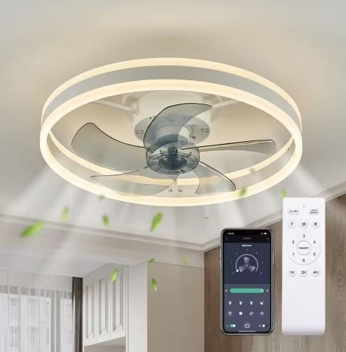 Photo 1 of 20 in. LED Indoor White Ceiling Fan with Dimmable Lighting Low Profile Flush Mount Ceiling Fan with Remote
