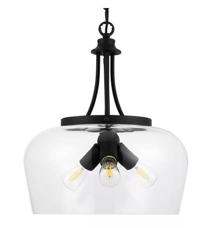 Photo 1 of 3-Light Matte Black Dome Pendant Light with Glass Shade
